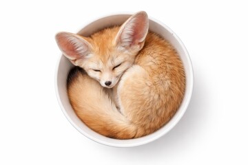 Obraz premium Fennec fox curled asleep in shallow white ceramic bowl top view soft fur detail high key studio photo