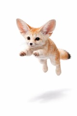 Obraz premium Fennec fox mid leap with paws forward frozen motion high speed flash sharp fur and soft shadow high key studio photo