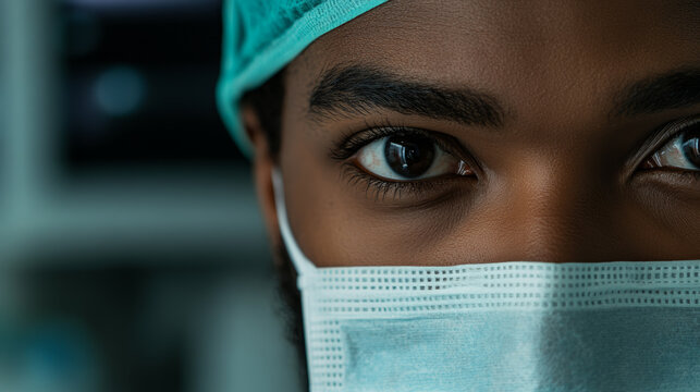 Close-up of a surgeon's eyes and mask, conveying focus and dedication in the operating room
