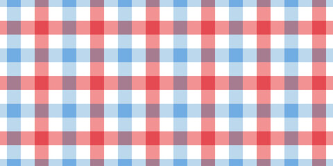 Red and blue gingham fabric seamless pattern. Cute check plaid. Picnic kitchen tablecloth texture. Gingham square vintage texture. Vector illustration isolated on white background.