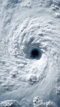 Aerial view of a massive hurricane with a dark eye and swirling cloud formations