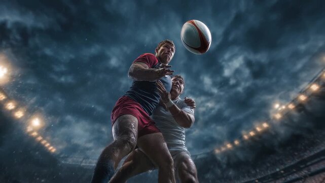 Intense competition as two male rugby players battle for possession of the ball in a dramatic sporting showdown under a stormy sky