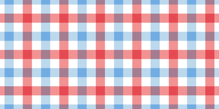 Red and blue gingham fabric seamless pattern. Cute check plaid. Picnic kitchen tablecloth texture. Gingham square vintage texture. Vector illustration isolated on white background.