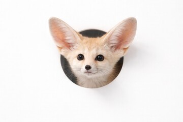 Obraz premium Fennec fox peeking through round cutout hole in white panel centered with wide copy space high key studio photo