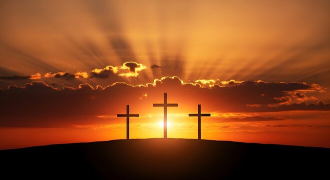 Easter sunrise with three crosses on golgotha hill estan sameday crucifixion scene