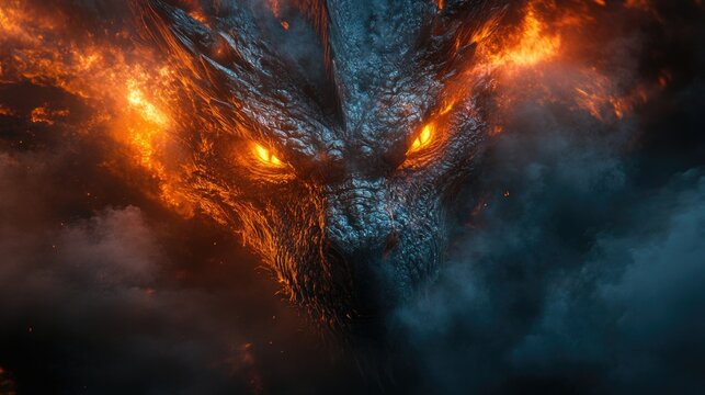 Smoke, fire, dragon head. Dragon with glowing evil yellow eyes.