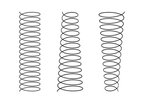 Spiral spring set. Metal wire coil spring icon collection. Thin zigzag waves symbol. Flexible coil shapes. Loop line pattern. Vector illustration isolated on white background. 