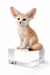 Obraz premium Fennec fox sitting upright on clear acrylic cube pedestal three quarter angle sharp fur texture high key studio photo