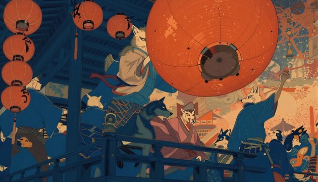 Una escena nocturna en Kioto, con figuras antropom&oacute;rficas de zorros vestidos con kimonos tradicionales, observando una festividad iluminada.