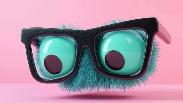 A fluffy blue creature with large eyes and glasses shows various expressions. It changes its gaze and movements in four separate frames. Enjoy the fun and playful moments