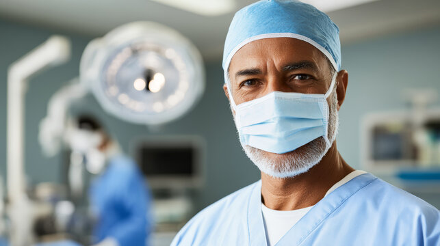 Experienced surgeon in surgical cap and mask looking directly at the camera in operating room