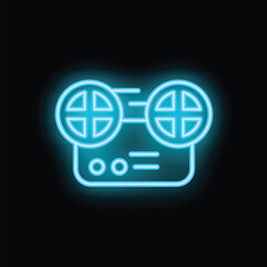 Obraz premium Blue neon icon of a vintage tape recorder glowing on black background, representing audio recording and playback technology