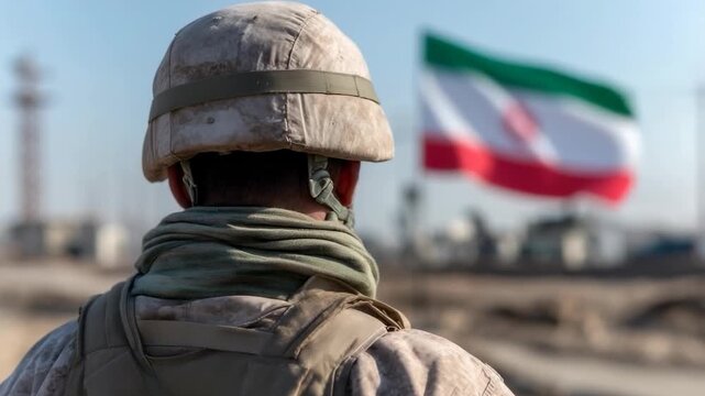 A soldier observes the surroundings while the Iranian flag flies in the wind. The sun shines on the desert landscape, creating a military setting