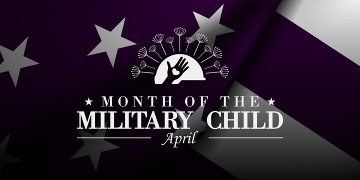 Month Of The Military Child. American flag, dandelion, helmet and heart. Great for cards, banners, posters, social media and more. Purple background.