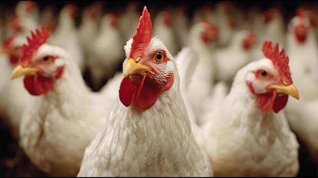 Close-up of white chicken in a large poultry flock with red combs in a commercial farm environment