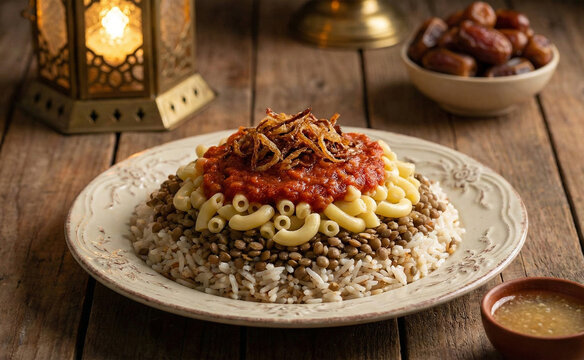 Plate of Egyptian National Dish "Kushari" with Lentils, Rice, and Pasta
