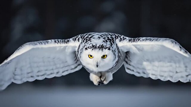 Snowy owl flying toward camera during nocturnal hunt