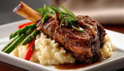 Un plato de cordero estofado con puré de patatas y espárragos.