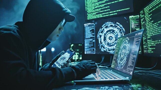 Person in hood using phone and computer
