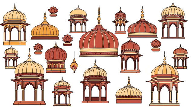 Collection of Indian Architectural Elements Featuring Traditional Chhatri Domes and Pavilions in Rajput and Mughal Style