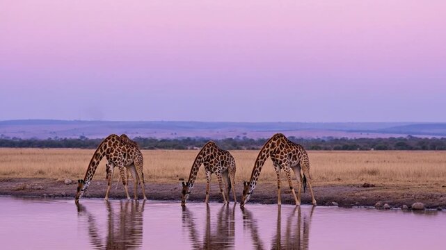 Three Giraffes Drinking Water in Savanna Landscape at Dawn