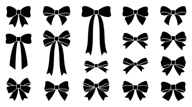 Elegant black ribbon bow silhouette collection with high contrast and clean shapes. Ideal for luxury branding, fashion design, wedding invitations, packaging, logos, and decorative projects. Minimalis