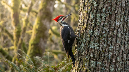 Pileated Woodpecker with Red Crest on Tree Bark in a Sun dappled Forest