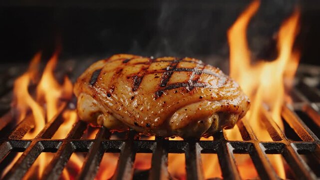 Isolated close-up shot of a single chicken thigh being perfectly seared over clean, bright licking flames and smoky grill grates commercial, barbecue, poultry