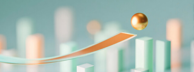 Golden ball rising above mint green bars, representing financial growth, business success, technology, and modern innovation concept.  banner 