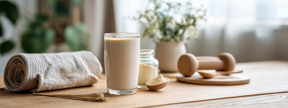 Glass of shake with colostrum powder jar, dumbbell and strap on wooden table, concept of health supplement, wellness routine, gut health.  banner 