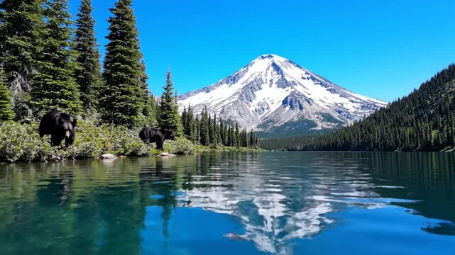 Black bears explore the clear water of a mountain lake with a snow-capped peak under a blue sky