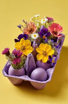 Un expositor de huevos morados lleno de flores vibrantes.