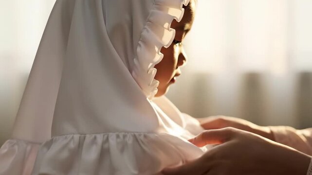 Golden Hour Cinematic 4K Slow Motion of Mother Gently Preparing Child Daughter in Hijab for Prayer (Salat) During Ramadhan