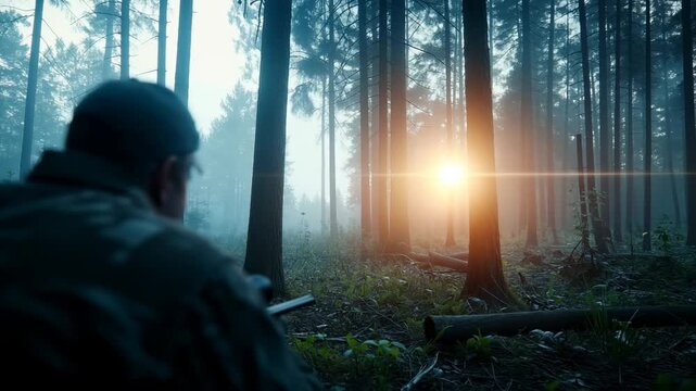 A soldier takes aim with a rifle in a dense forest. A bright light appears in the distance, changing the focus of the training exercise early in the morning