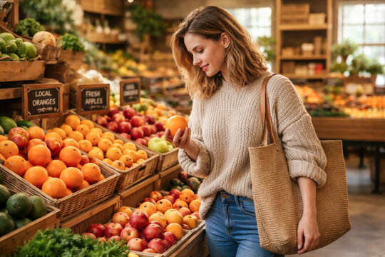 photo of a woman selecting fresh apples at a vibrant produce display, surrounded by warm colors and natural textures. Soft light and an authentic mood emphasize freshness, seasonal fruit