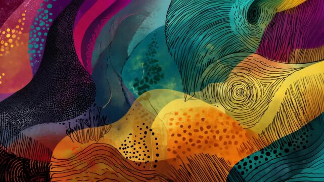 Abstract art with overlapping shapes, textures, and lines in vibrant colors