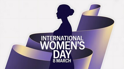 International womens day elegant female silhouette with purple and gold abstract waves