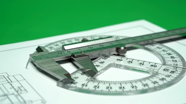 Precise Measurements: A detailed close-up shows a caliper and protractor meticulously positioned on a blueprint, representing precision and accuracy in engineering.