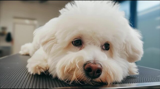 Cute white Bichon Frise puppy lying down with sad eyes on grooming table in pet salon