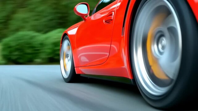 A bright red car takes sharp turns on a winding road while sunlight creates reflections on the wheels. The lush trees provide a green backdrop as the car accelerates