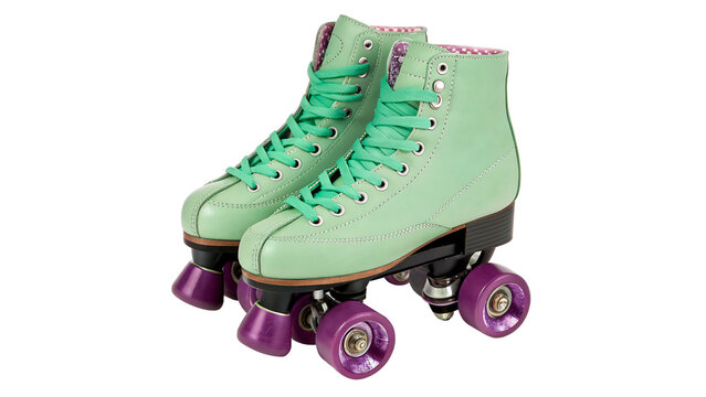 A pair of green roller skates with purple wheels isolated on transparent background cut out