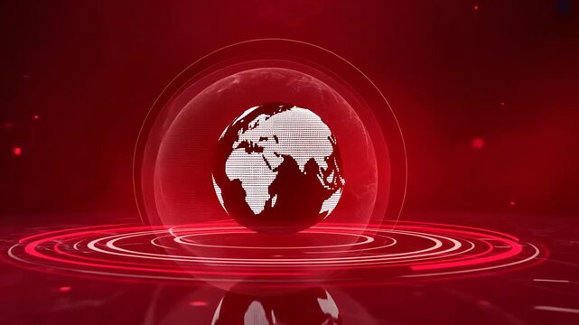 A futuristic digital globe spins on a red neon-lit platform with concentric circles.
