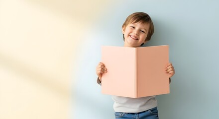 Cheerful child holding open empty book, eager to fill it with imagination and creativity.