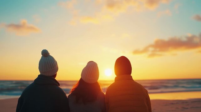 Friends sit together on the beach during winter while the sun sets. They enjoy the view as the sky changes colors above the water