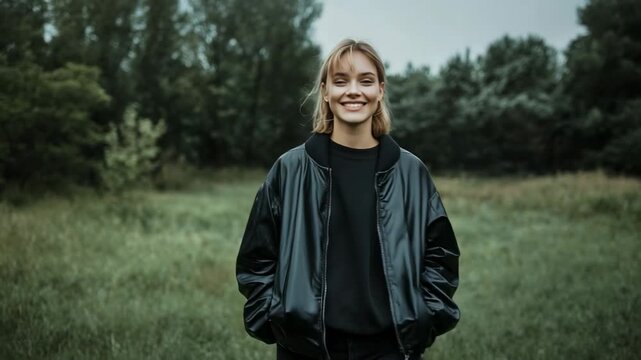 A person is in a green field surrounded by trees. They smile while wearing a dark jacket and jeans. The weather looks cloudy. The setting shows nature and openness
