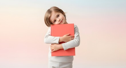 Adorable little girl embracing her beloved red book with a warm smile and curious eyes.