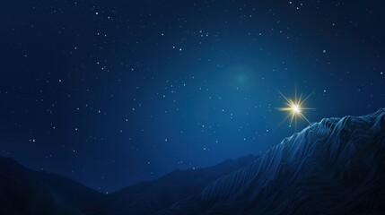 Obraz premium A star shines brightly in a dark night sky over a mountain landscape. The scene is tranquil and serene, with twinkling stars scattered across the sky.