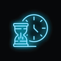 Fototapeta premium Neon sign of an hourglass with sand falling, symbolizing time passing, with a clock in the background