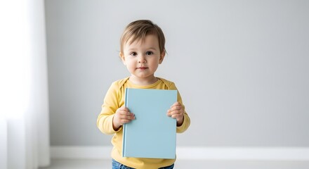 Adorable baby holds blue book, direct gaze, emphasizing early literacy for development.