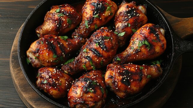 Spicy baked chicken legs seasoned with sesame and parsley, displayed in a cast iron frying pan atop a dark wooden background, top-down view.